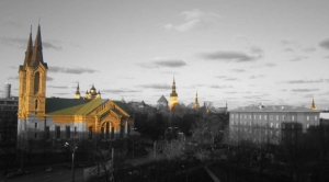 The seven churches viewed from the balcony of the Estonian National Library in Tallinn (Estonia)