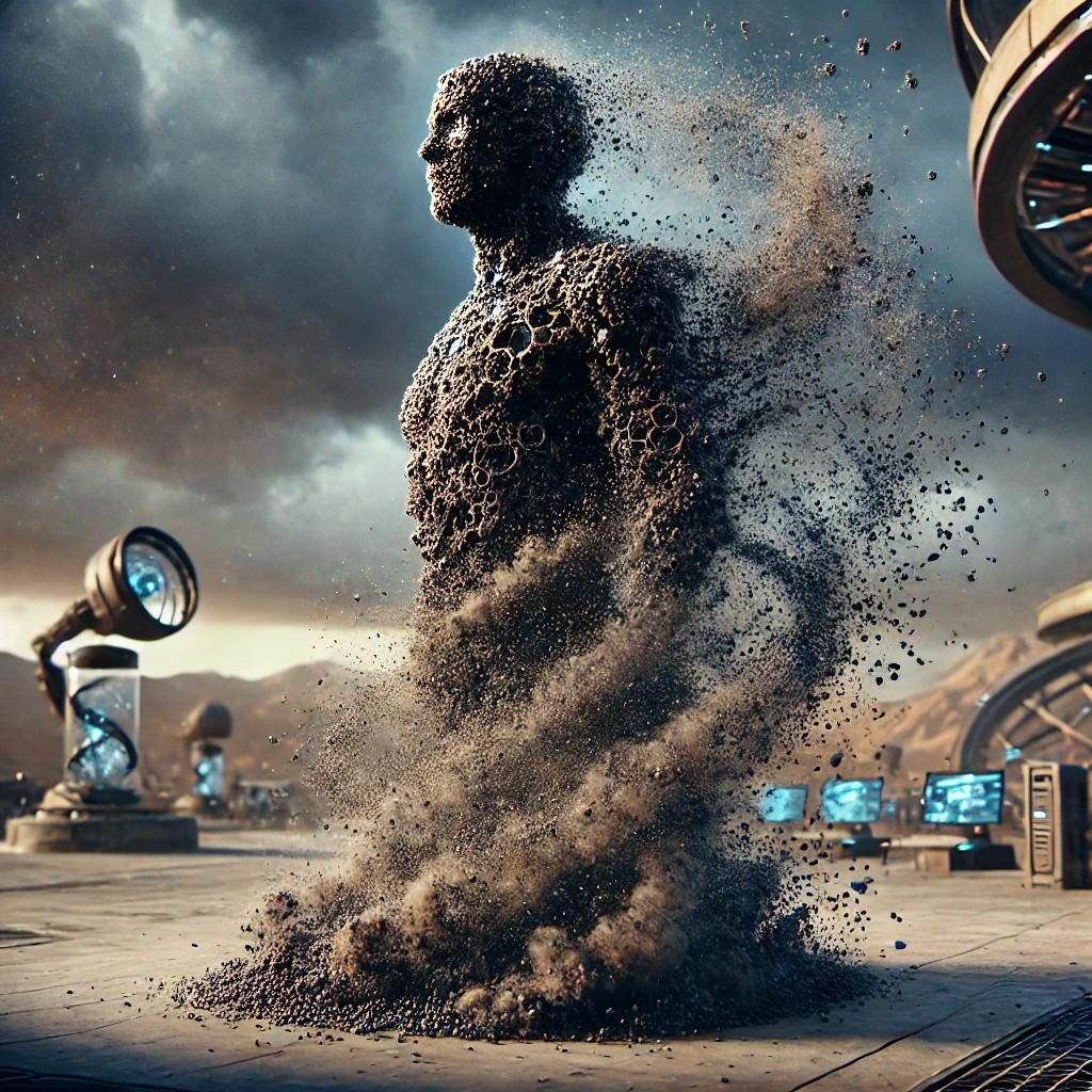 A humanoid figure of swirling dark particles and interlocking metal rings dissolves into a cloud of dust on a desert plateau dotted with futuristic scanning instruments and glass canisters holding glowing blue spirals under a stormy sky.