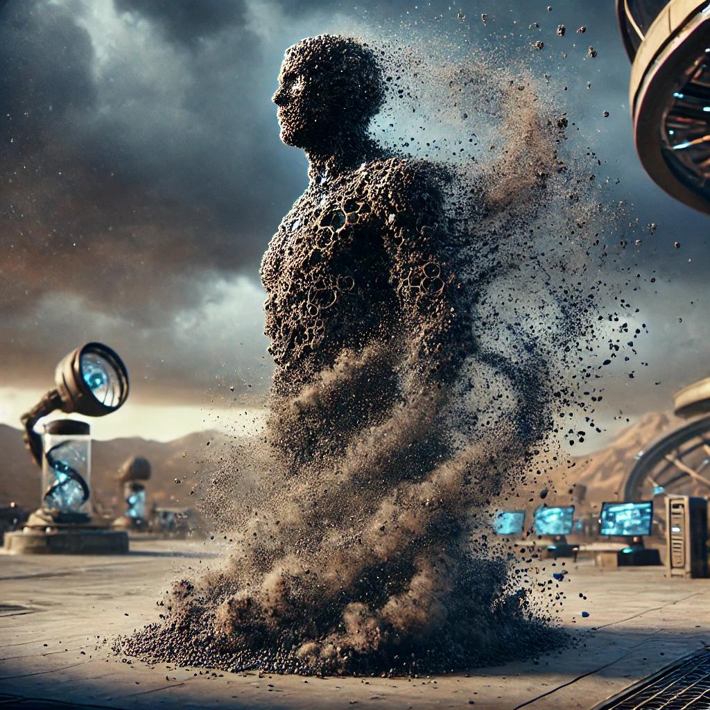 A humanoid figure of swirling dark particles and interlocking metal rings dissolves into a cloud of dust on a desert plateau dotted with futuristic scanning instruments and glass canisters holding glowing blue spirals under a stormy sky.